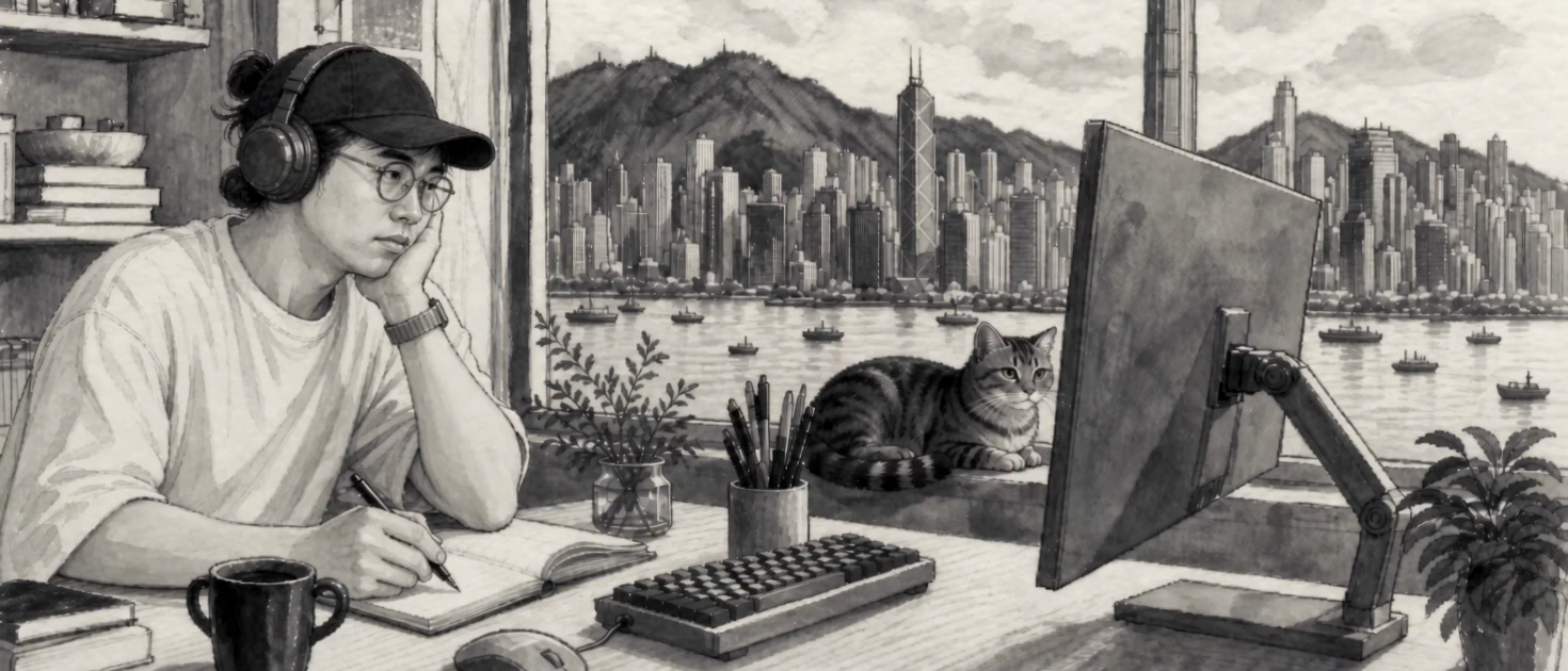 A man in a cap, headphones, and glasses writes beside a cat and a Hong Kong window.